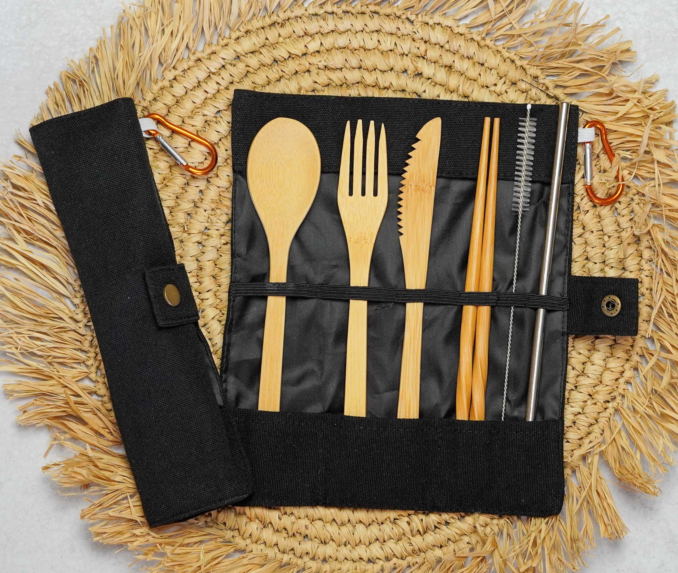 Bamboo Travel Cutlery Set - Portable Eco-Friendly Utensils with Pouch