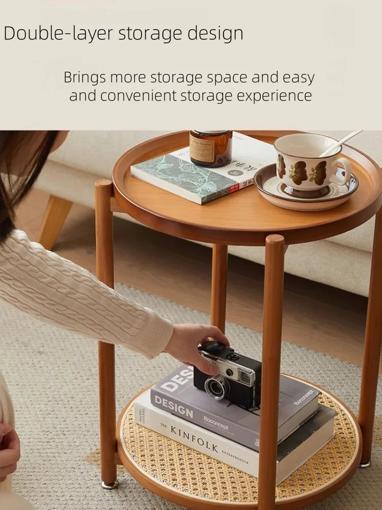 Eco-Friendly Bamboo Coffee Table -Sustainable Living Room Furniture Small Wicker Round Table in The Living Room Next To The Sofa