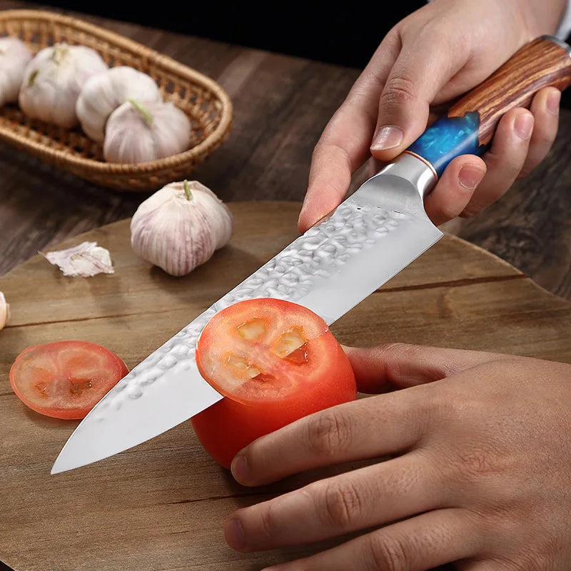 Professional kitchen knives, forged hammer-textured chef knives, solid wood-handled fish knives, and kitchen meat cutting knives