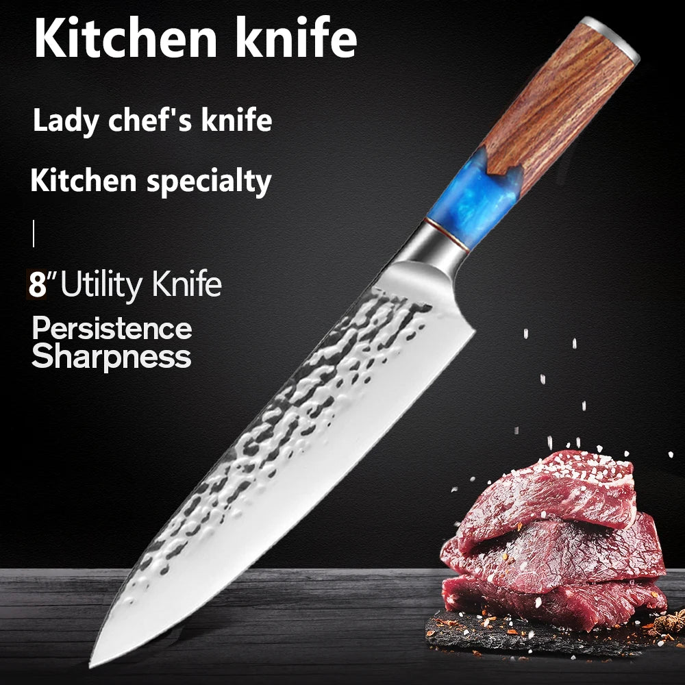 Professional kitchen knives, forged hammer-textured chef knives, solid wood-handled fish knives, and kitchen meat cutting knives