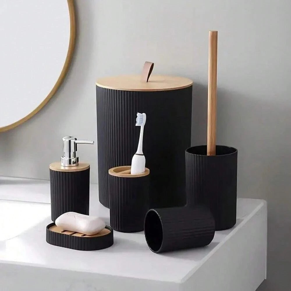 Modern Bathroom Essentials Set/Includes Toothbrush Holder, Waste Bin, Toilet Brush, Cup, Soap Dish and Soap Dispenser