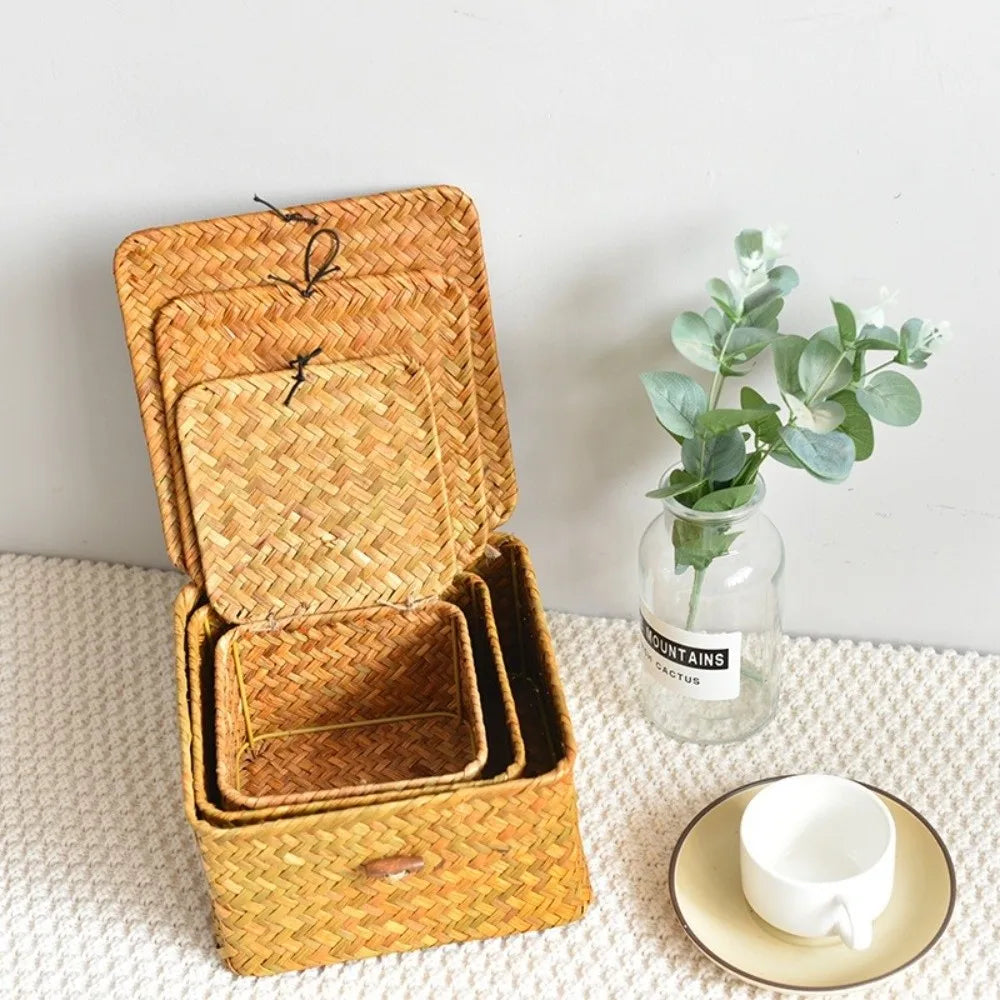Eco-Friendly Sea Grass Wicker Shelf Baskets Weaving Woven Basket Storage Box with Lid Handwoven Storage Bins Home Organizer
