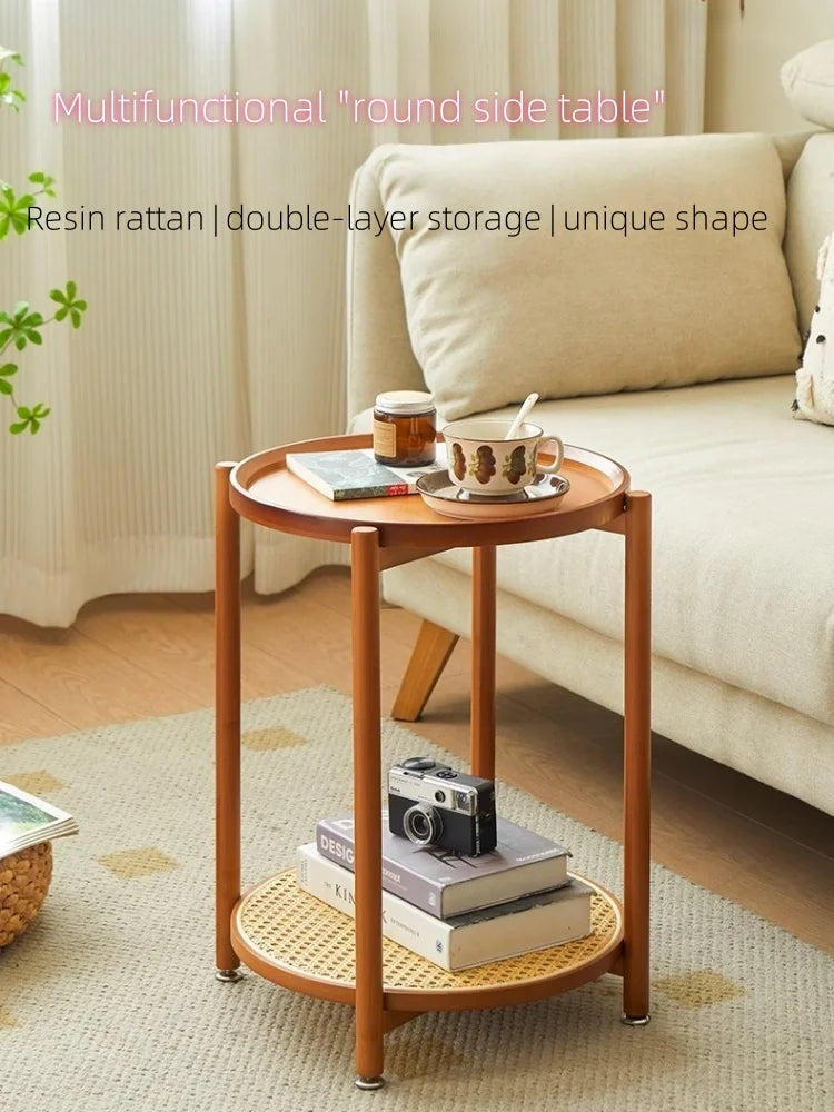 Eco-Friendly Bamboo Coffee Table -Sustainable Living Room Furniture Small Wicker Round Table in The Living Room Next To The Sofa