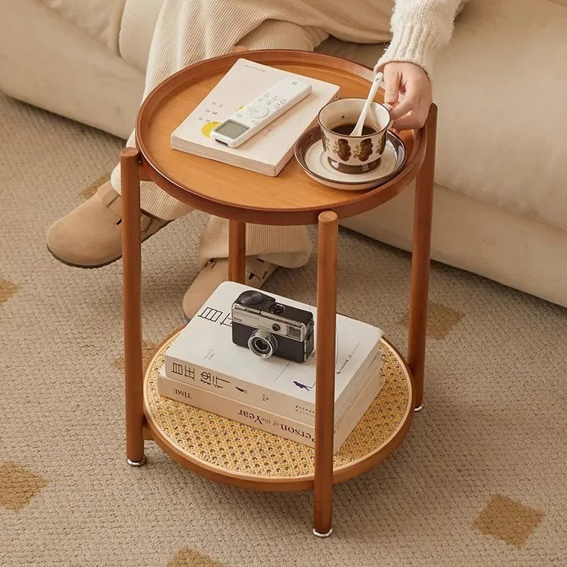 Eco-Friendly Bamboo Coffee Table -Sustainable Living Room Furniture Small Wicker Round Table in The Living Room Next To The Sofa