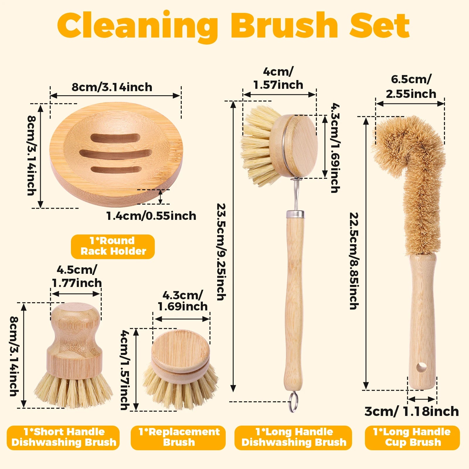 Bamboo Dish Brush Set — 4 Pack