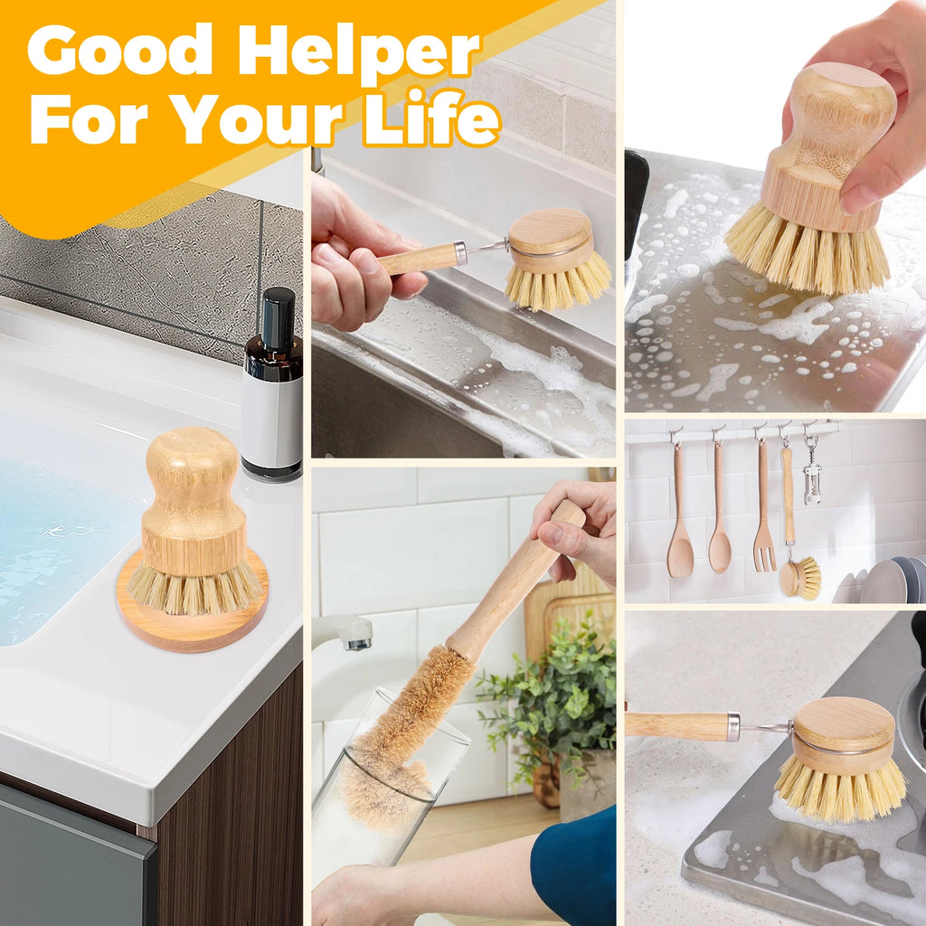 Bamboo Dish Brush Set — 4 Pack