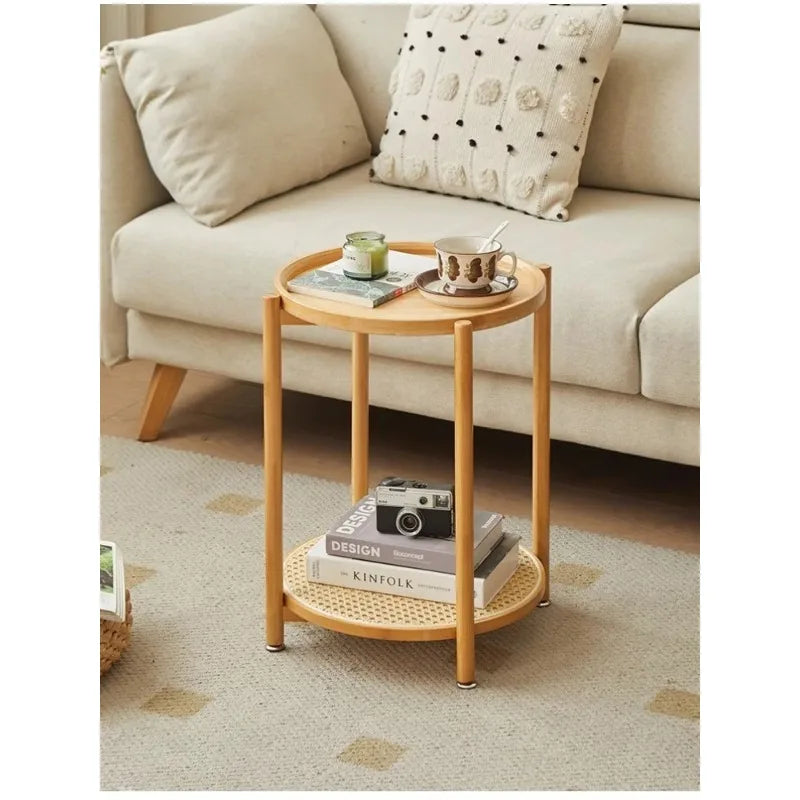 Eco-Friendly Bamboo Coffee Table -Sustainable Living Room Furniture Small Wicker Round Table in The Living Room Next To The Sofa