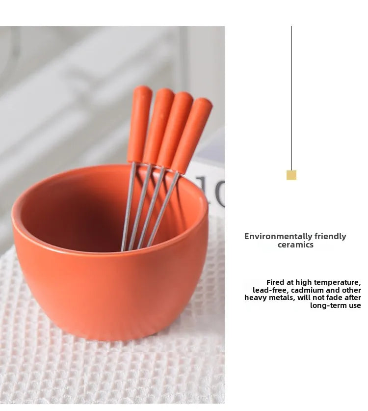 Eco-Friendly Ceramic Bowl with 4 Matching Forks Durable, Fade-Resistant, Perfect for Everyday Dining and Entertaini