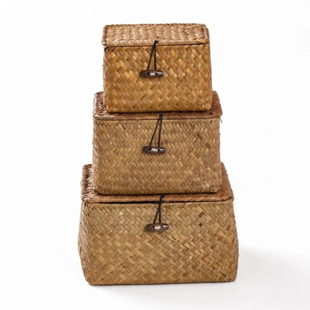 Eco-Friendly Sea Grass Wicker Shelf Baskets Weaving Woven Basket Storage Box with Lid Handwoven Storage Bins Home Organizer