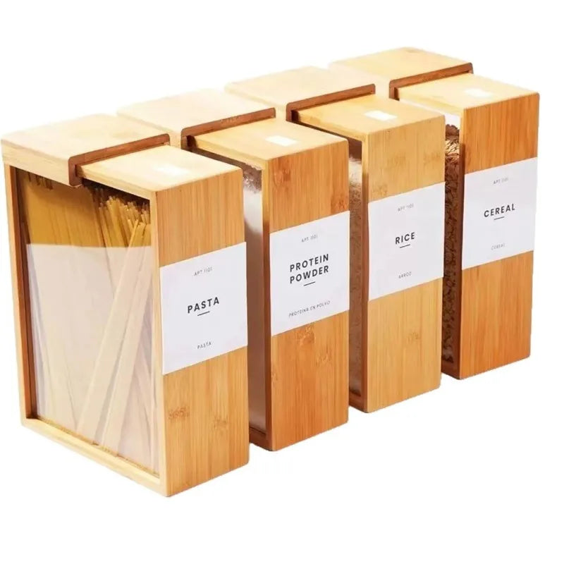 New Household Kitchen Bamboo and Wood Sliding Grain Storage Box Wooden Food Storage Box Dispenser