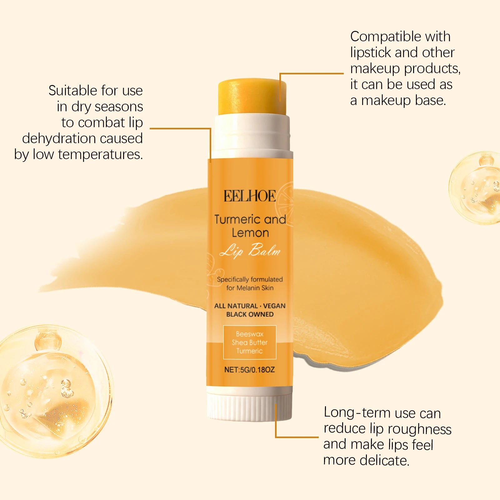 Turmeric Lemon Lip Balm Long-Lasting Moisturizing Soothing Lip Care Brightens Dull Lips, Exfoliating Non-Sticky, Pre-Makeup Base