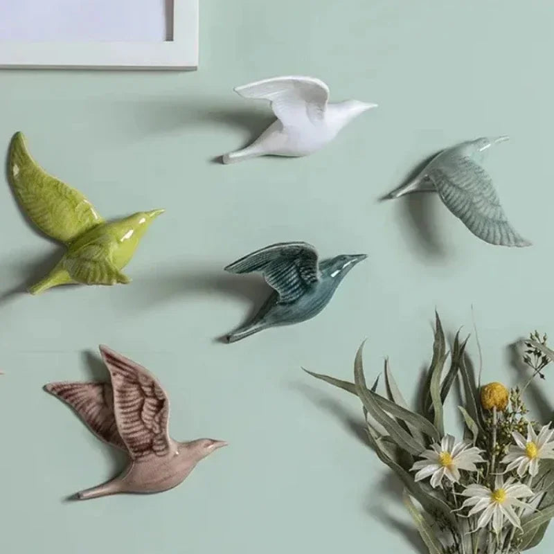 Eco-friendly Ceramics Birds 3d Wall Sticker Living Room Animal Figurine Murals Wall Background Decorative Home Decor Birds Cute