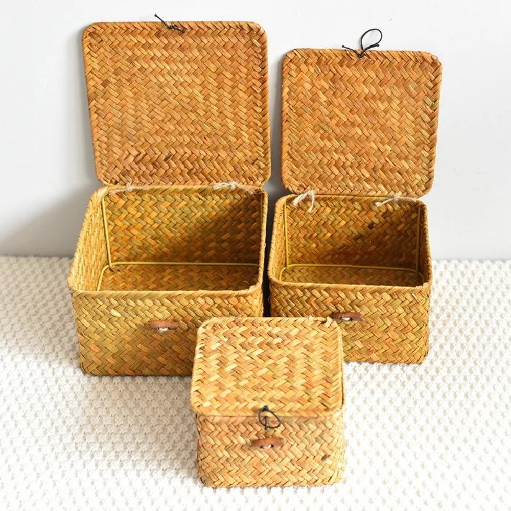 Eco-Friendly Sea Grass Wicker Shelf Baskets Weaving Woven Basket Storage Box with Lid Handwoven Storage Bins Home Organizer