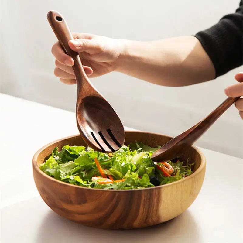 Natural Wood Kitchen Utensil Set  Eco-Friendly Cooking Tools incl Skimmer Spoon Salad Scoop Non-Stick Rice Colander for Soup