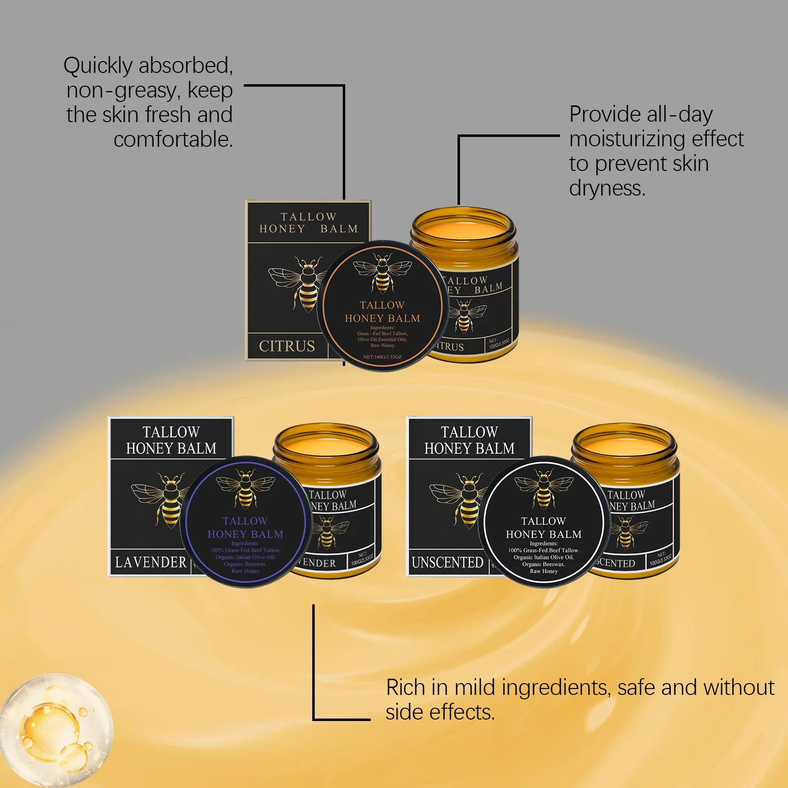 Beef Tallow Honey Balm Deeply Nourishing Moisturizing Skin Barrier Repair Care Natural Organic Grass Fed Beef Tallow Balm 100g