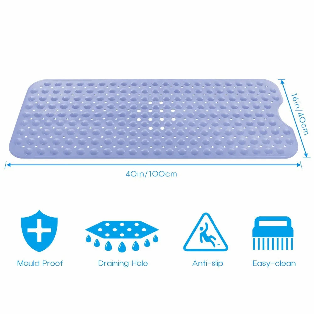 Non-Slip Bath Tub Shower Mat with Suction Cups,Machine Washable Bathroom Mats with Drain, Extra Large Bathtub Mat, 100x40cm