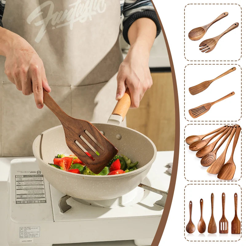 Natural Wood Kitchen Utensil Set  Eco-Friendly Cooking Tools incl Skimmer Spoon Salad Scoop Non-Stick Rice Colander for Soup