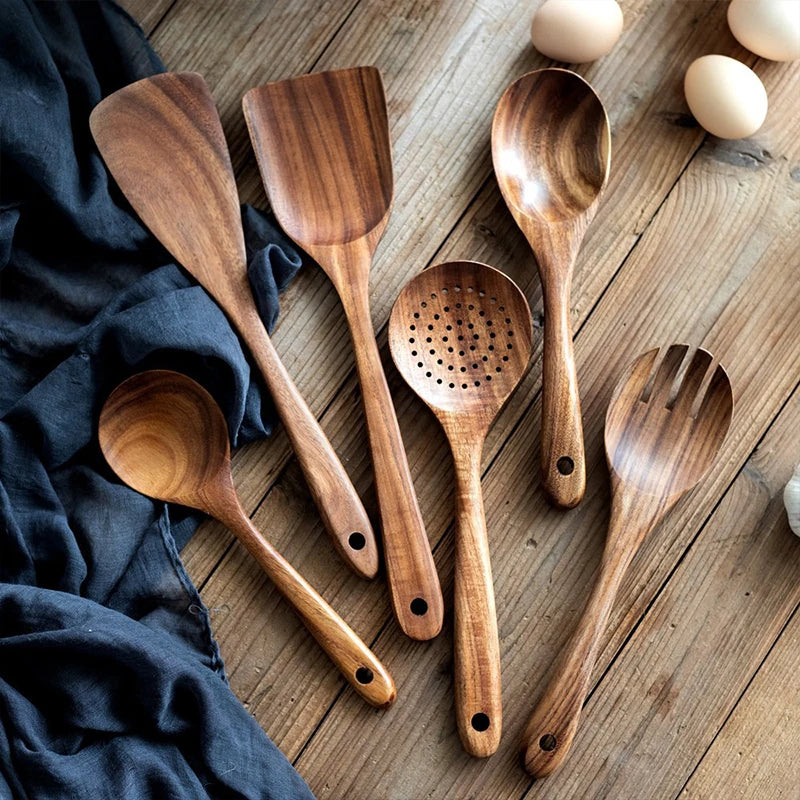 Natural Wood Kitchen Utensil Set  Eco-Friendly Cooking Tools incl Skimmer Spoon Salad Scoop Non-Stick Rice Colander for Soup